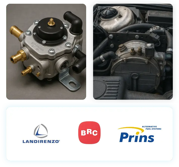 Détendeur GPL, installation moteur et logos Landi Renzo, BRC et Prins